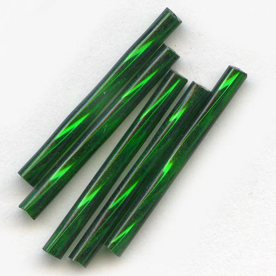 Vintage mirrored emerald green bugle beads. Czechoslovakia. 25mm.  10 gr. bag. b17-134