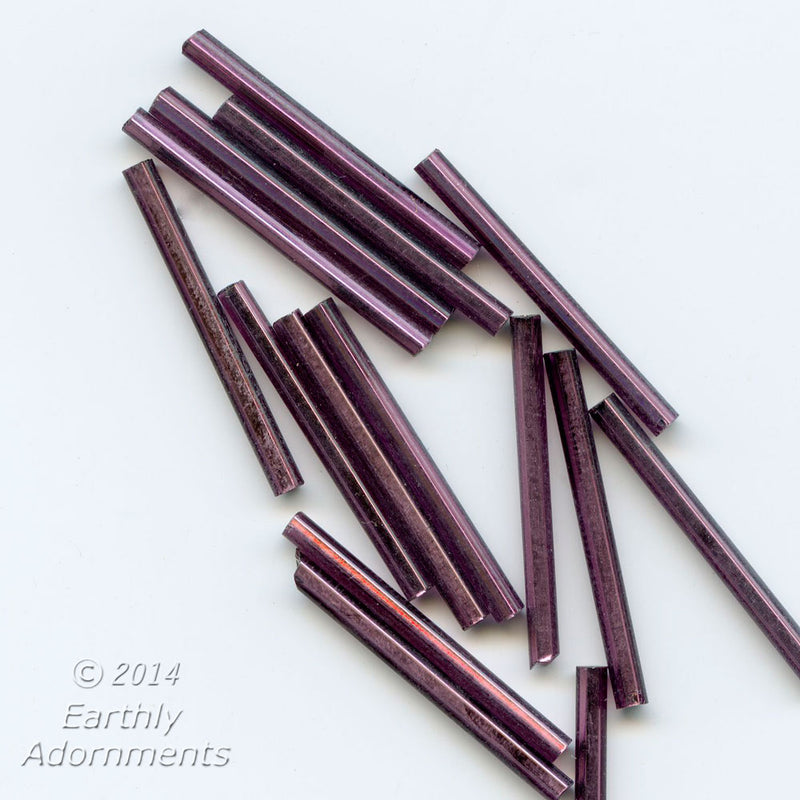 Vintage white square core lilac bugle beads. 25mm. 10-gr bag.
