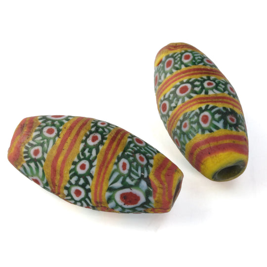 Brightly Colored, long oval, Jatim Bead, ancient replica. Pkg 1. b1-724
