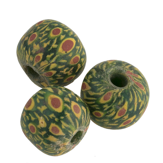 Jatim Millifiori Eye Bead, green, yellow, red eyes, replica. 16mm. Pkg 1. b1-761