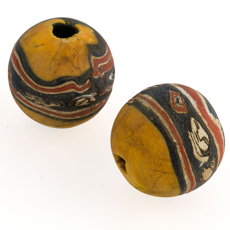 Jatim Face Bead, yellow, black and red, ancient replica. 20mm. Pkg 1. b1-771