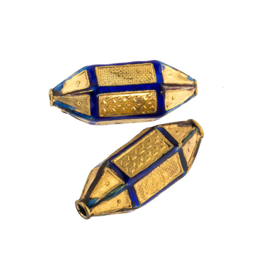 Gold and blue enamel panel lantern bead with decorative stampings. 25mm. Pkg of 1. b18-0168