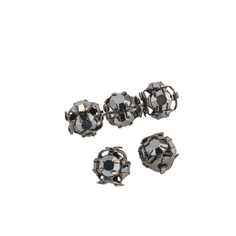 Czech gunmetal finish metal balls with prong-set marcasite glass stones, 6mm. Pkg of 6.