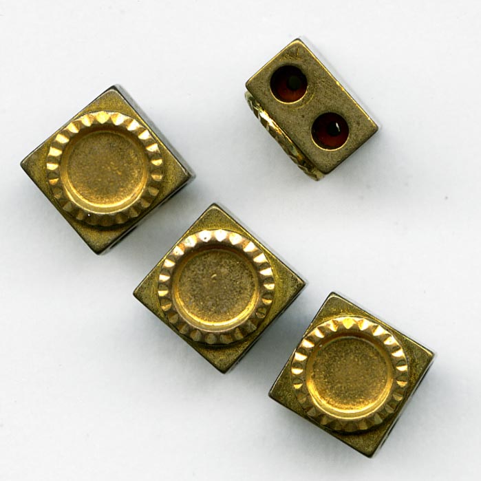 Vintage solid brass 2 hole slide beads. 9x9x5mm w/4mm setting. Pkg of 4.