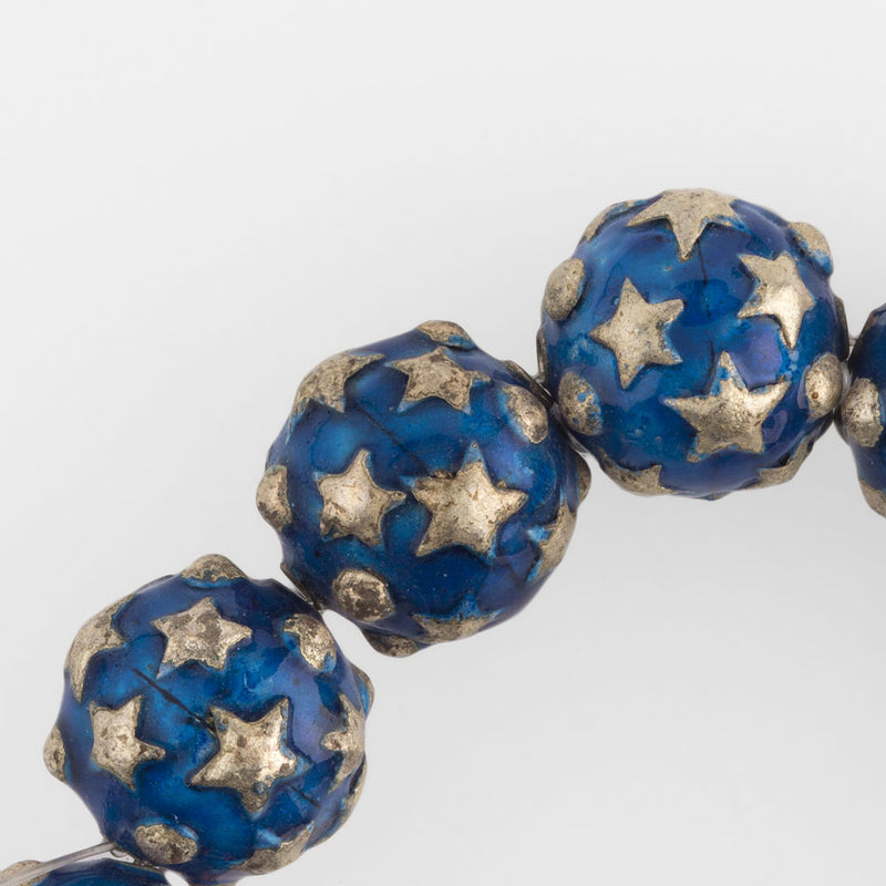 Enamel beads with silver stars, 15mm. Pkg of 1.