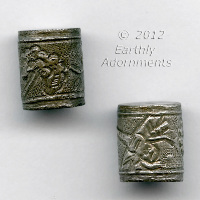 Coin silver embossed cylinder bead dragonfly design 14x10mm Pkg of 1.