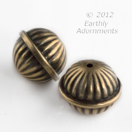 Oxidized brass fluted melon bead with rim at the equator. 20x17mm Pkg 2. B18-0428