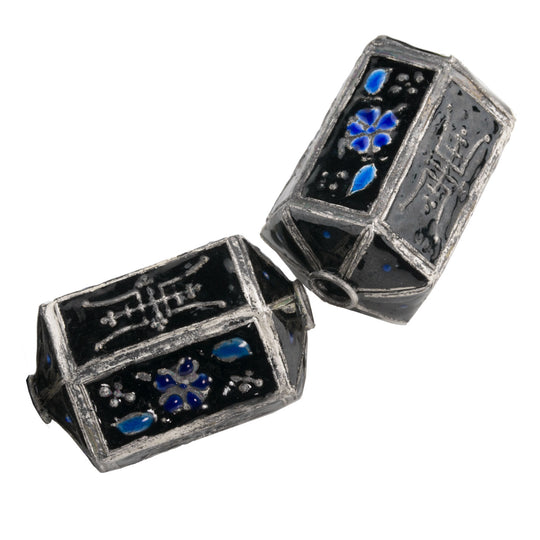 Silver on copper hollow hexagonal lantern bead with multi color enamel decor 40x25 1 piece. b18-0617