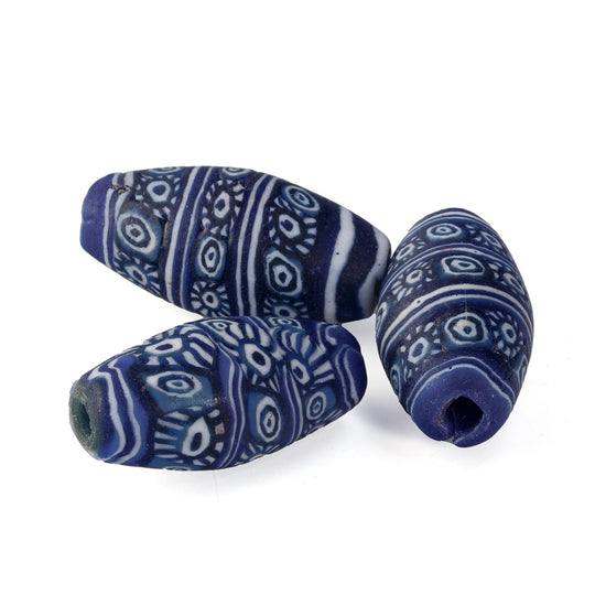 Jatim Millefiori Blue, White, Bicone Bead, replica. 33x15mm. Pkg 1. b1-811