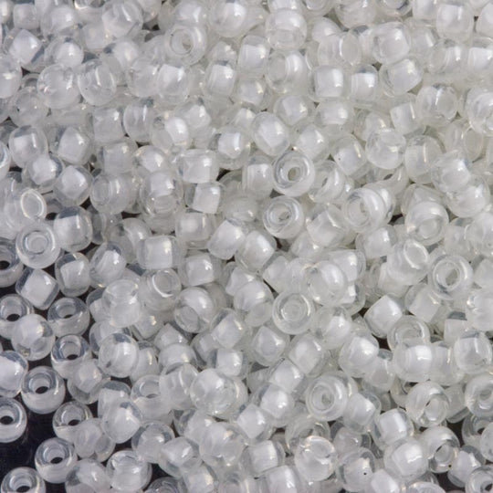 b17-149-Vintage Japanese white core clear smooth seed beads, size 12. 10 gram bag