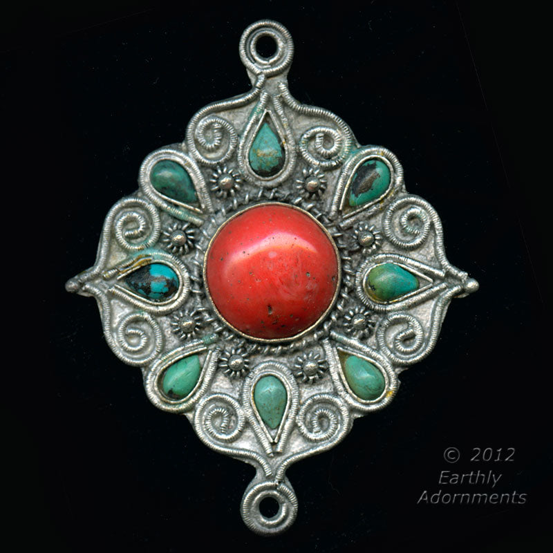 Silver Colored Pendant with Turquoise, Sherpa Coral Glass. Pkg 1. b18-0363