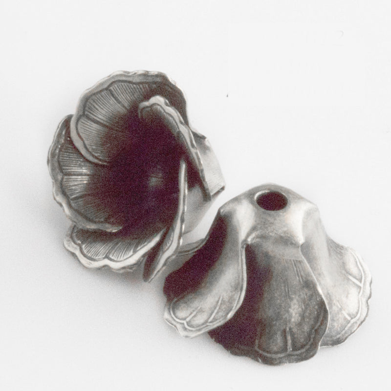 Sterling silver Plated brass etched flower petal bead cap. 12x18mm. 4 pieces.