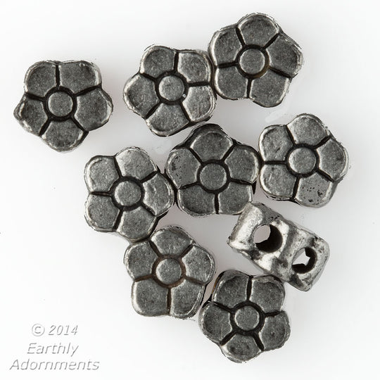 Vintage silver plated pewter 2 hole flower bead. 5mm. Package of 10. b18-507