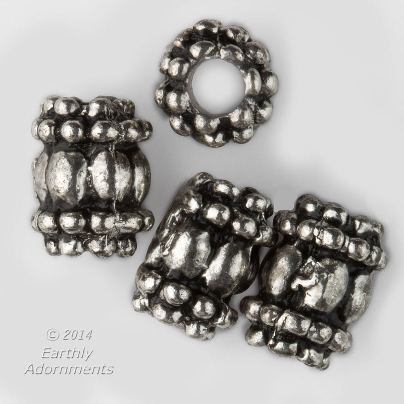 Bali style silver plated pewter tube beads. 7x6mm. Pkg. of 10
