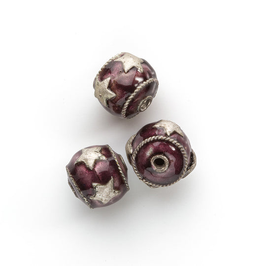 Silver over copper enamel beads with silver stars, 10mm. Package of 2. b18-514