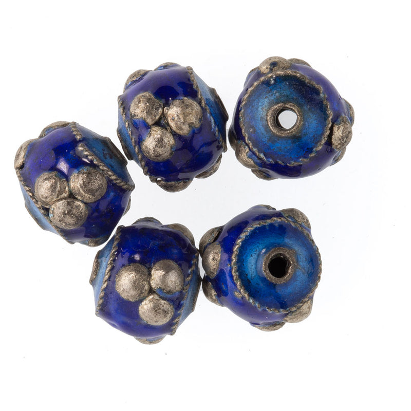 Enameled copper hollow drum bead, blue with raised silver dots and stars. 9x10mm. Pkg of 2. b18-548(e)