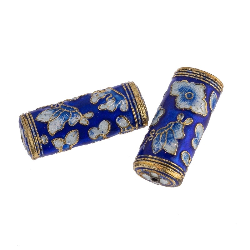 Cobalt, White, and Gold Enamel Over Copper Hollow Flattened Cylinder Beads. Butterfly and Floral Design. 29x12mm. Package of 2. b18-561