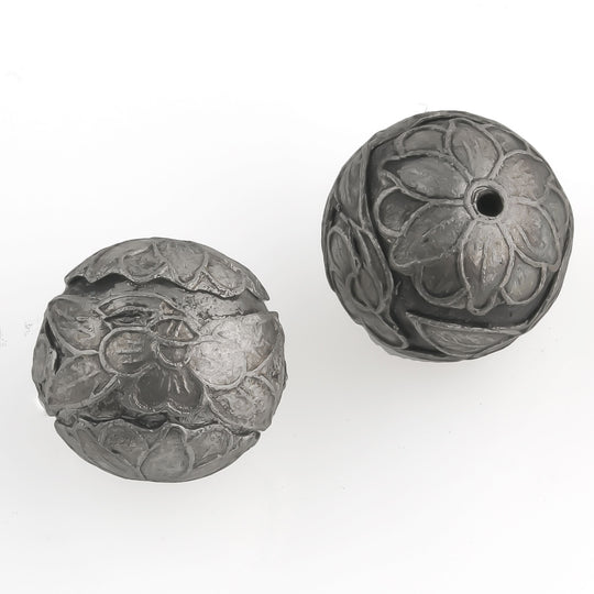 Chinese silver over brass 15mm hollow bead in floral design. Sold individually. b18-584
