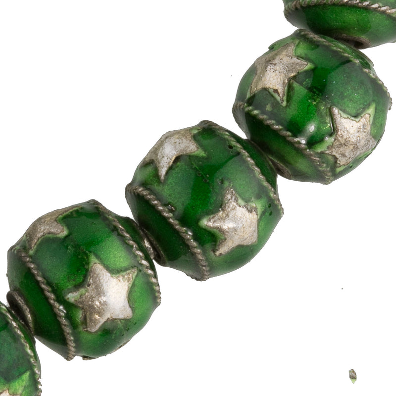 Silver over copper enamel beads with silver stars, 10mm. Package of 2.