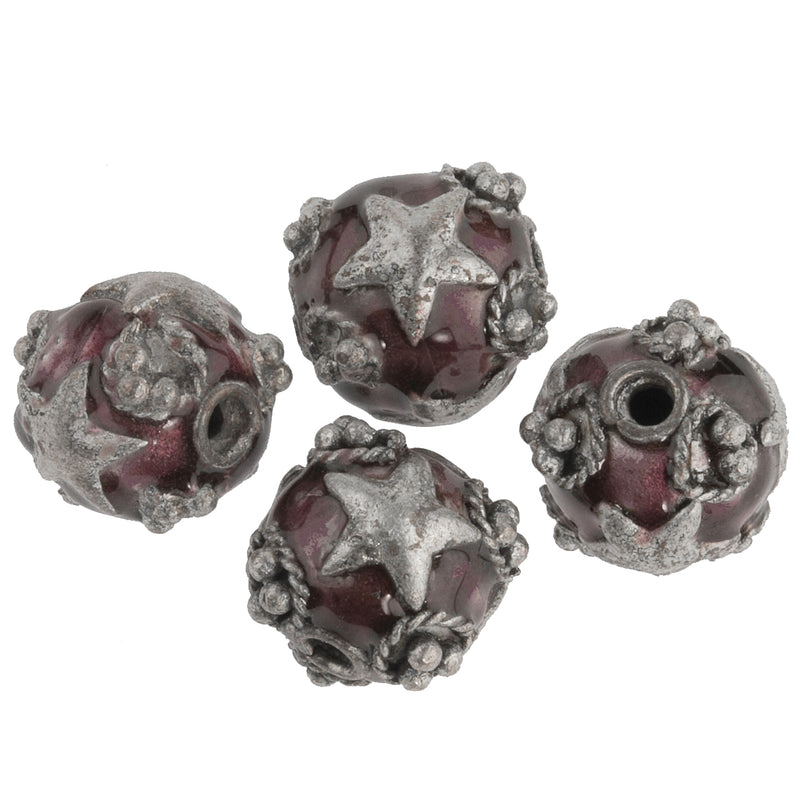 Silver over copper beads with purple enamel and silver stars  9mm. Pkg. 2. 