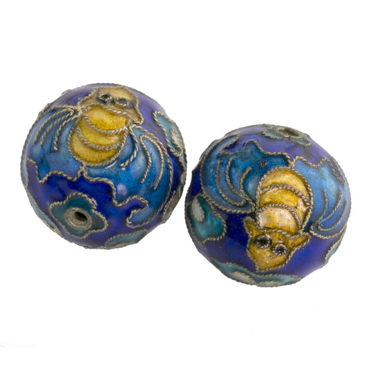 Cobalt blue enamel bead with bats and clouds.  20mm  China. Pkg of 1. b18-645