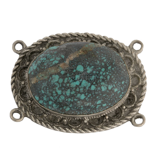 Vintage Chinese silver on copper 4-ring oval pendant with large turquoise cabochon, 43 x 53 mm. b18-632