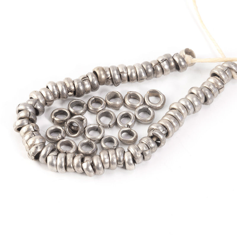 Ethiopian handmade silver plated heishi spacer beads, 1.7x4mm, 100+ pc, approx. 8 inches. vintage. 