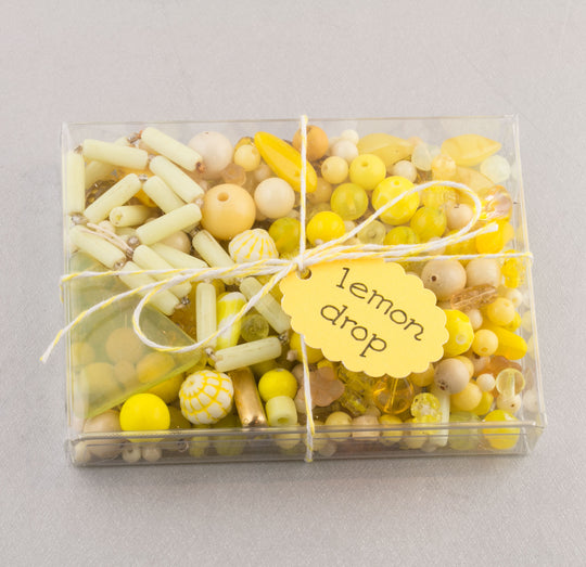 Vintage glass bead mix in an array of yellow colors from Europe, Japan and beyond.  5 oz box. b19-0112-Lemon Drop