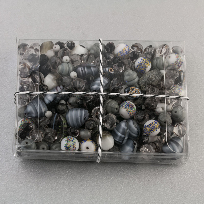 Vintage glass bead mix in an array of gray colors from Europe, Japan and beyond.  5 oz box. Stormy Weather.