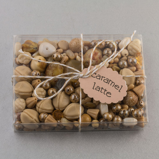 Vintage glass bead mix of caramel color beads from Europe, Japan and beyond.  5 oz box. b19-0112-Caramel Latte