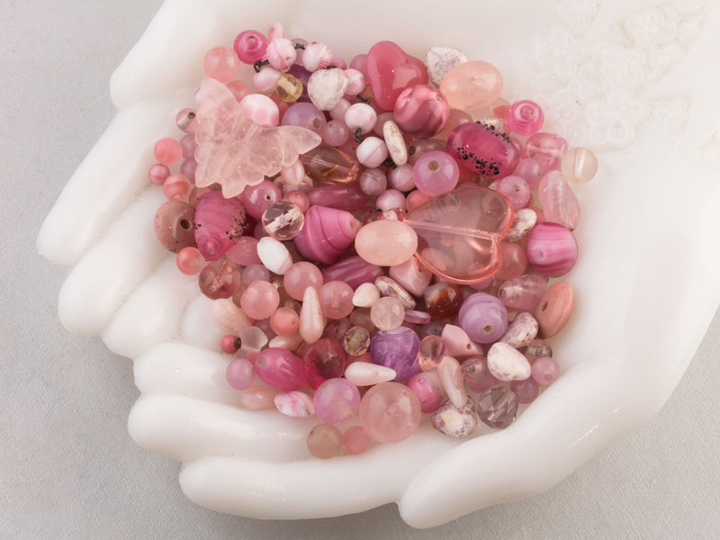 Vintage glass bead mix of pink and rose beads from Europe, Japan and beyond.  5 oz box. Cotton Candy.