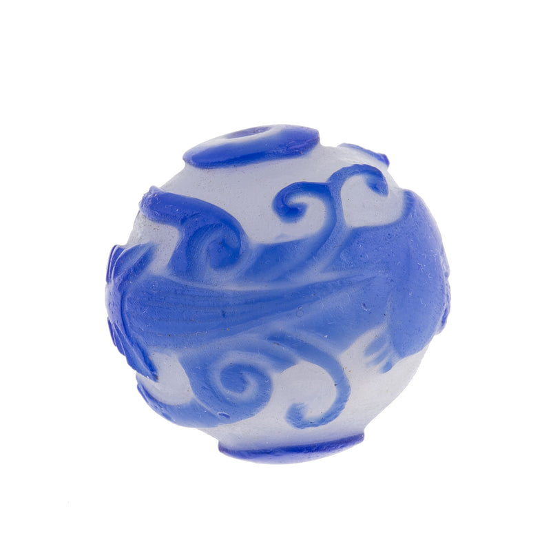Vintage hand carved Peking Glass bead, cobalt blue Salamander on milk white glass round 28mm pkg of 1.