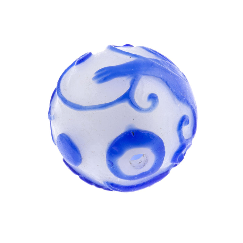 Vintage hand carved Peking Glass bead, cobalt blue Salamander on milk white glass round 28mm pkg of 1.