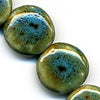 Vintage Porcelain Turquoise Brown and Tan Disk-Shaped Beads.  1970s. 15x7mm.  Pkg of 2. 