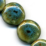 Vintage Porcelain Turquoise Brown and Tan Disk-Shaped Beads.  1970s. 15x7mm.  Pkg of 2. 