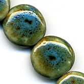 Vintage Porcelain Turquoise Brown and Tan Disk-Shaped Beads.  1970s. 15x7mm.  Pkg of 2. 