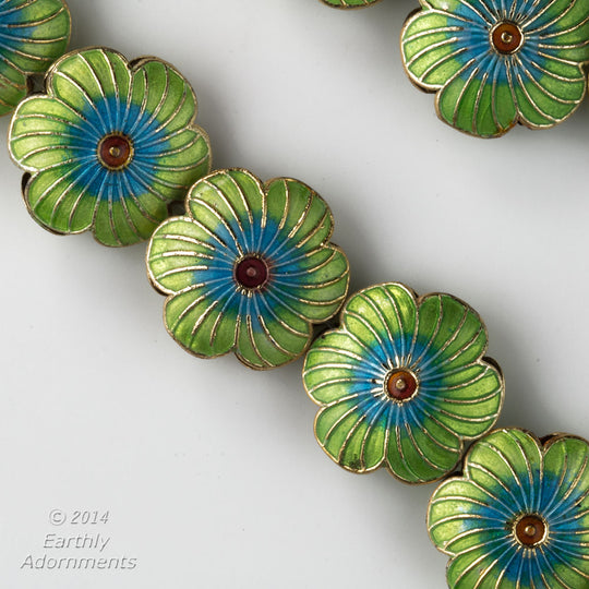 Enamel green flower beads, hollow, double sided.  20mm. Pkg. of 2. b2-510