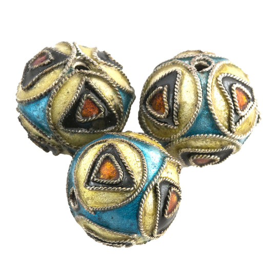 Blue and yellow enamel bead. Triangle design. 12mm. China. Pkg 2. b2-576