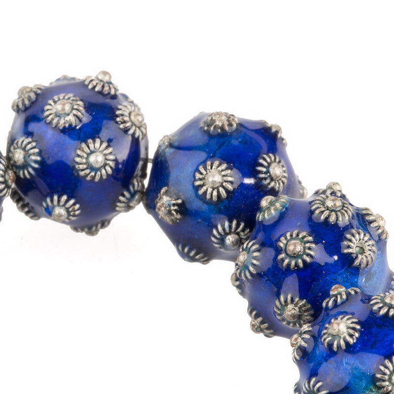 Hollow blue enamel and silver over copper Bali style beads. 10mm. pkg 2.