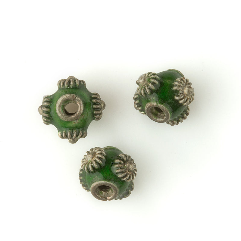 Bali style hollow enamel and silver over copper beads. 6mm. Pkg. of 4.