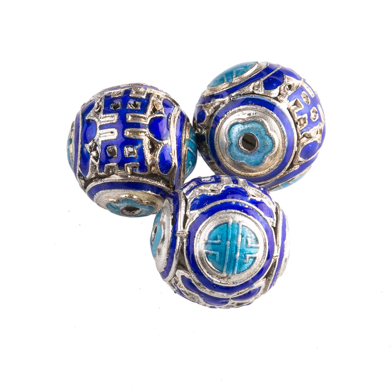 Enameled hollow metal bead blue and turquoise with silver accent, 15-16mm pkg of 1. 