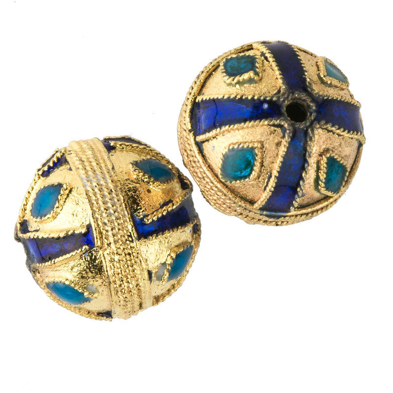 Gold plate and and blue enamel bead. 12mm. Sold individually. 