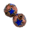 Hollow copper beads with blue stars on persimmon colored enamel. 10mm. Pkg. 2. 