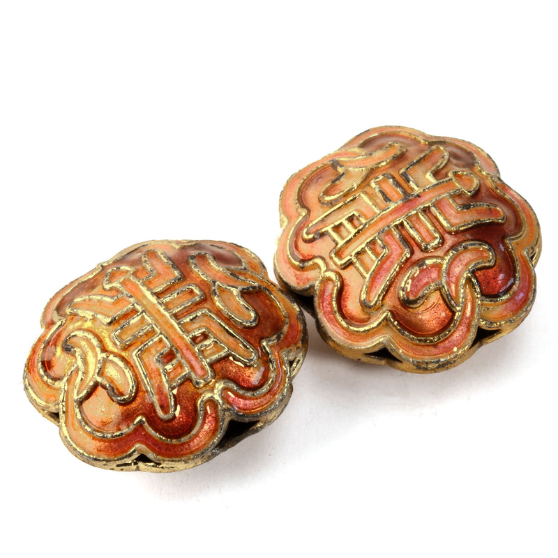 Hollow orange and burgundy enamel flat longevity beads. Scalloped edges. Gold trim. 18x10mm Pkg 2 . 