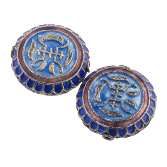 Blue and Plum enamel hollow flat disk bead with fancy scalloped border and longevity symbol. Package of 2. B2-662