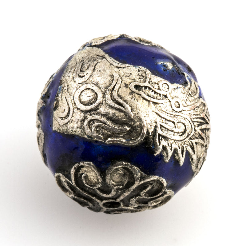 Cobalt blue enamel bead with silver Dragon encircling the bead. 18x19mm  China. Pkg.1. 