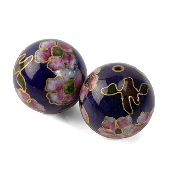 Vintage 20mm midnight blue cloisonne enamel beads. Pink flowers. Pkg1. b2-910