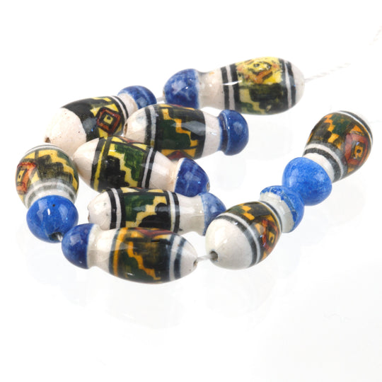 Hand-painted Peruvian ceramic beads. Vintage 1972. 16x8. Pkg. 6.  b2-919
