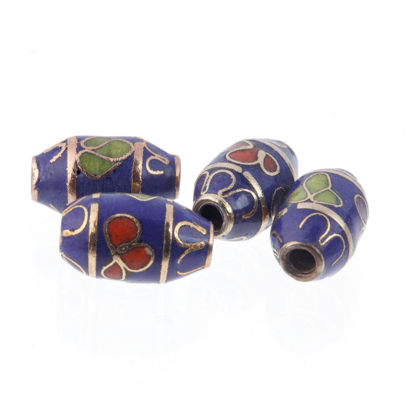 Vintage enamel beads; red, green and pink floral on navy blue.11x6mm.China.1980s.  Pkg. 4.