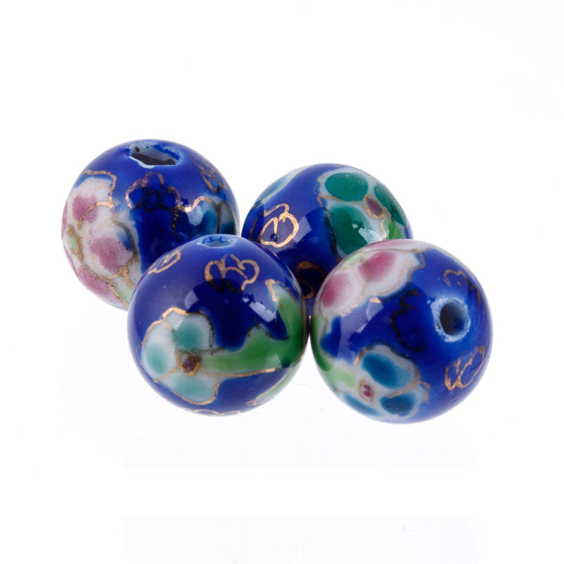 Vintage Chinese floral blue white green and pink porcelain beads. 12mm.  Pkg.4. 